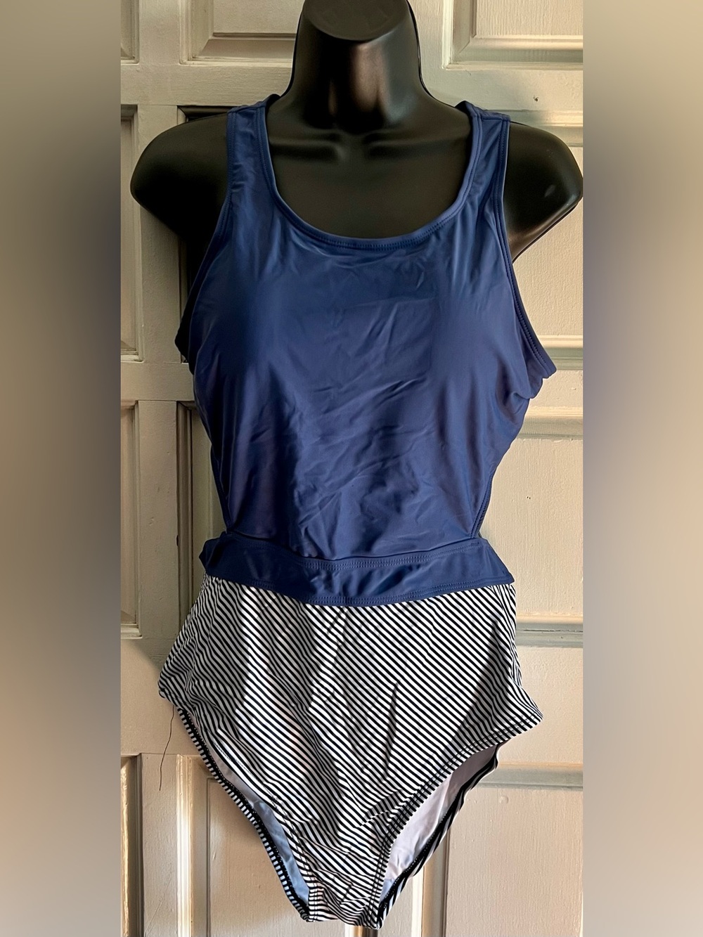 Women’s Navy Blue Tank One-Piece Swimsuit with Striped Bottom